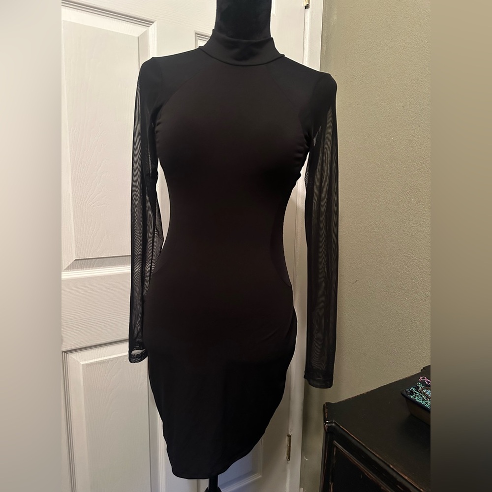 Topia Black Long Sleeve Dress with Sheer Accents